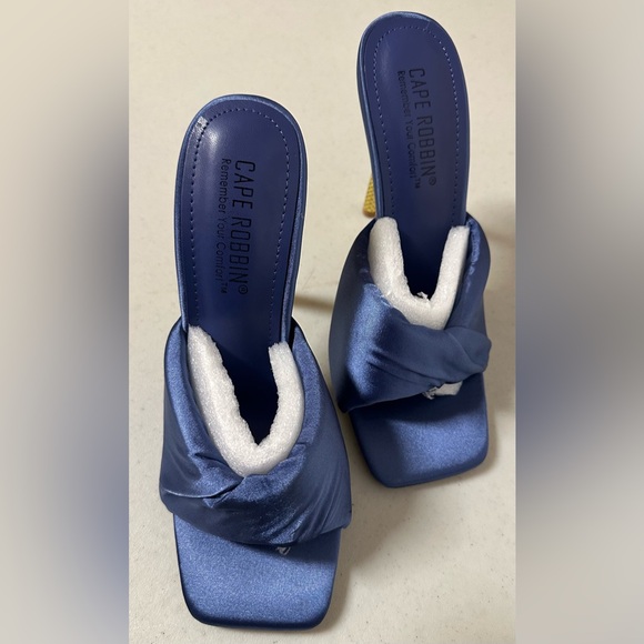 Cape Robbin Quin Blue Square Toe 5” Stiletto Gold High Heel Mules NWT - Picture 5 of 9